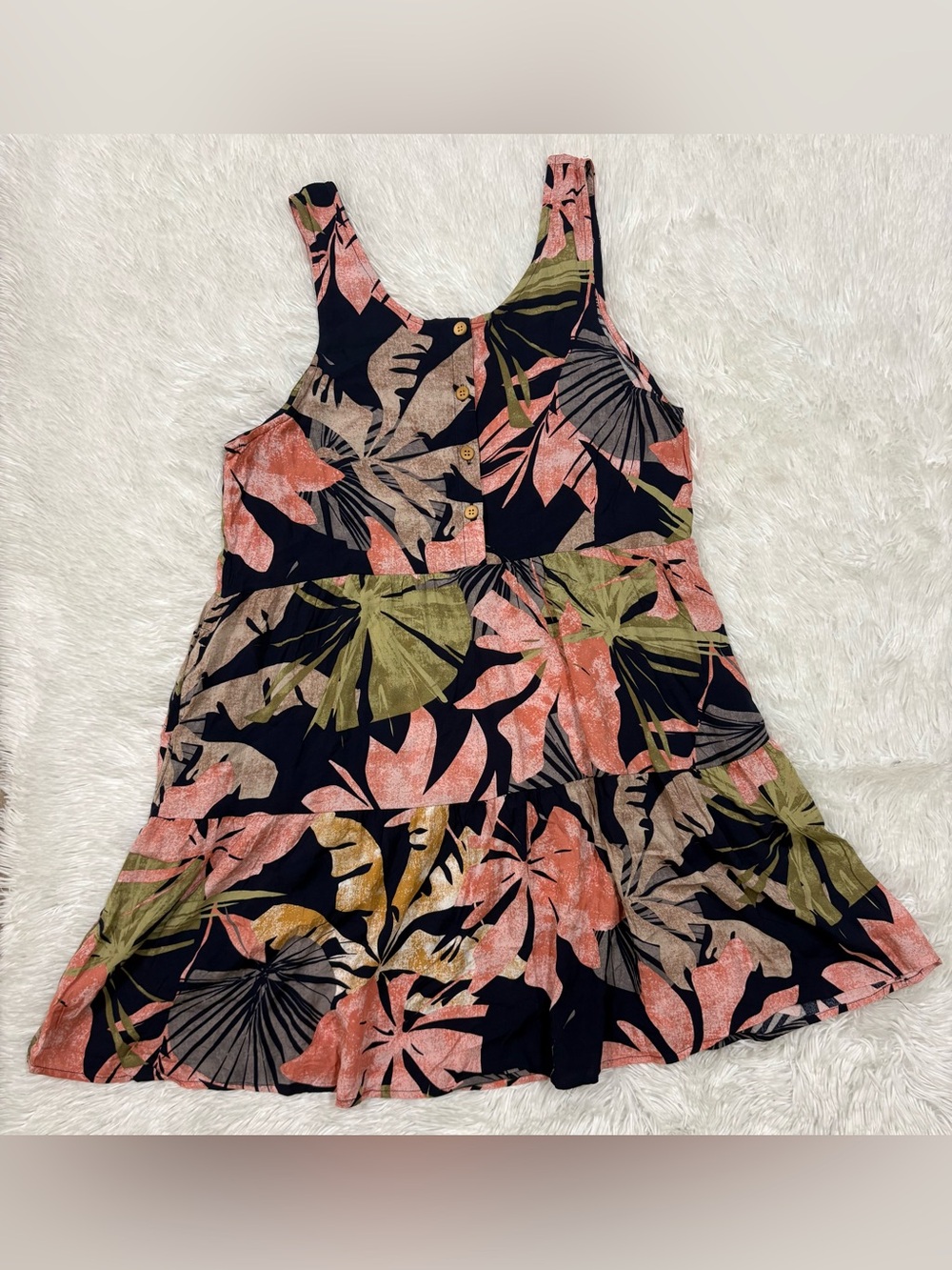 raya sun Navy Tropical Print Dress with Coral & Olive Accents